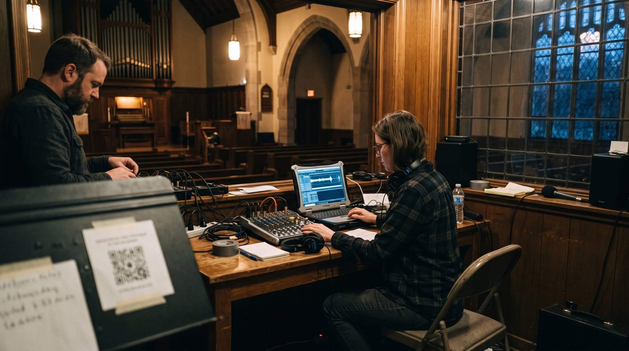 A church sound booth with a laptop and a QR code sign, lit warmly before a service