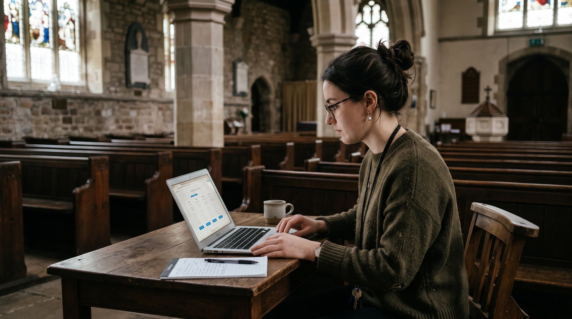 A volunteer comparing translation software pricing pages on a laptop inside a church