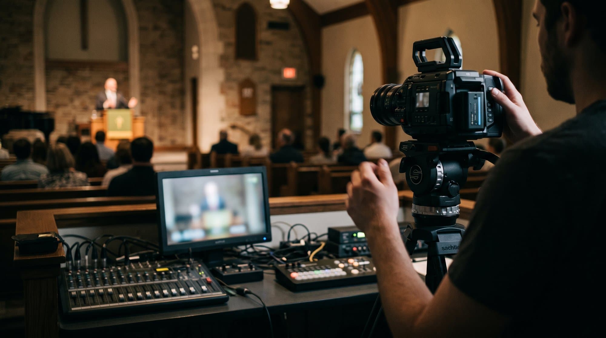 A church livestream monitor displaying live captions during a service