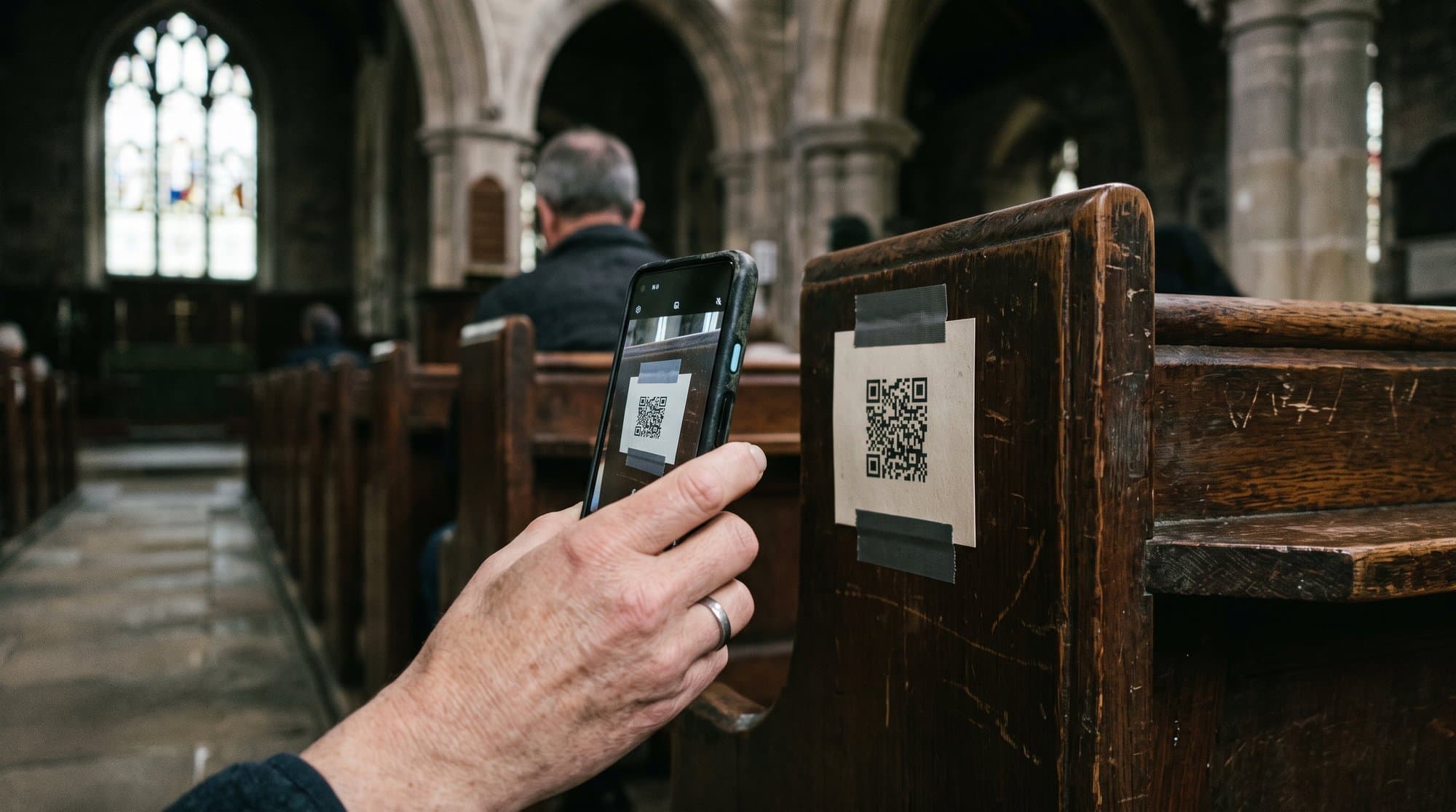 A visitor scanning a QR code on a church pew with their phone to access live translation