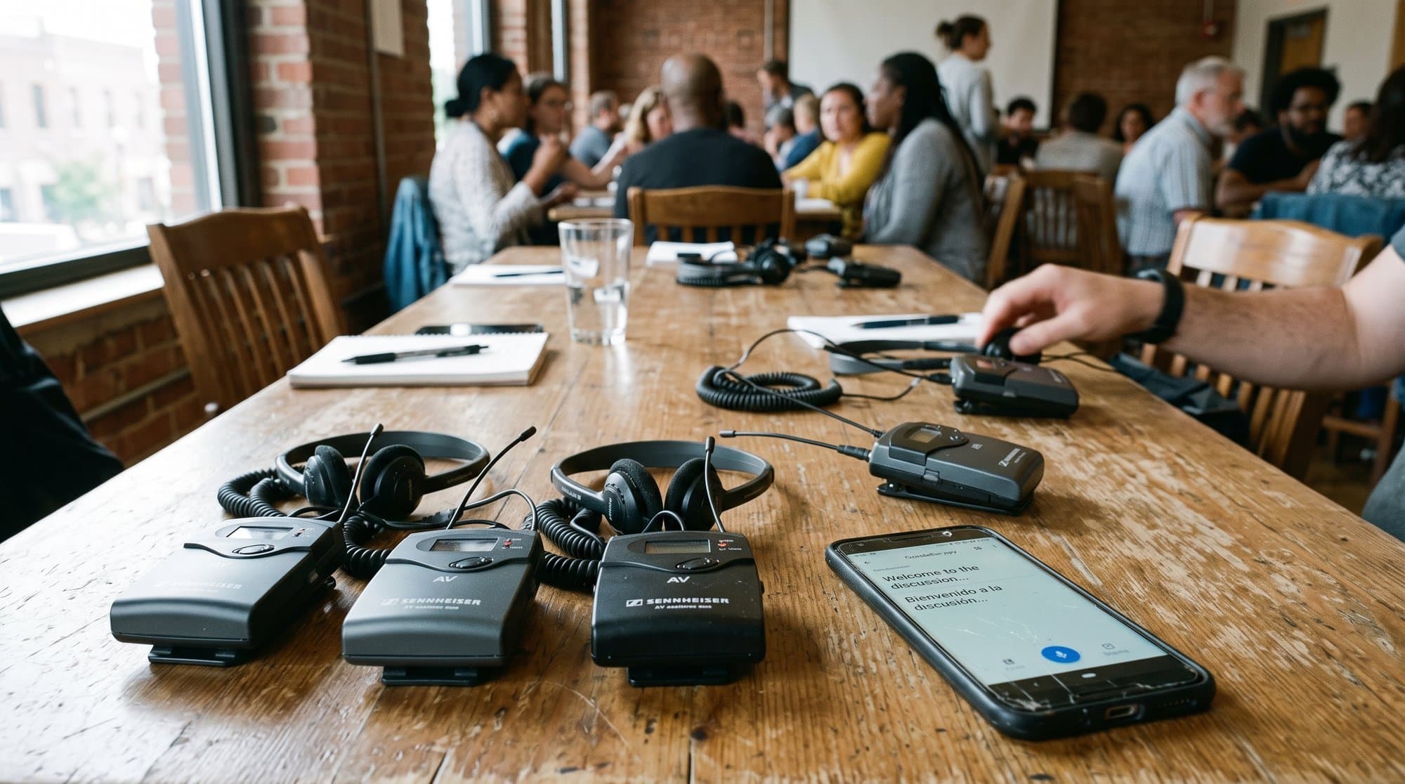 FM assistive listening receivers laid out next to a smartphone running a translation app