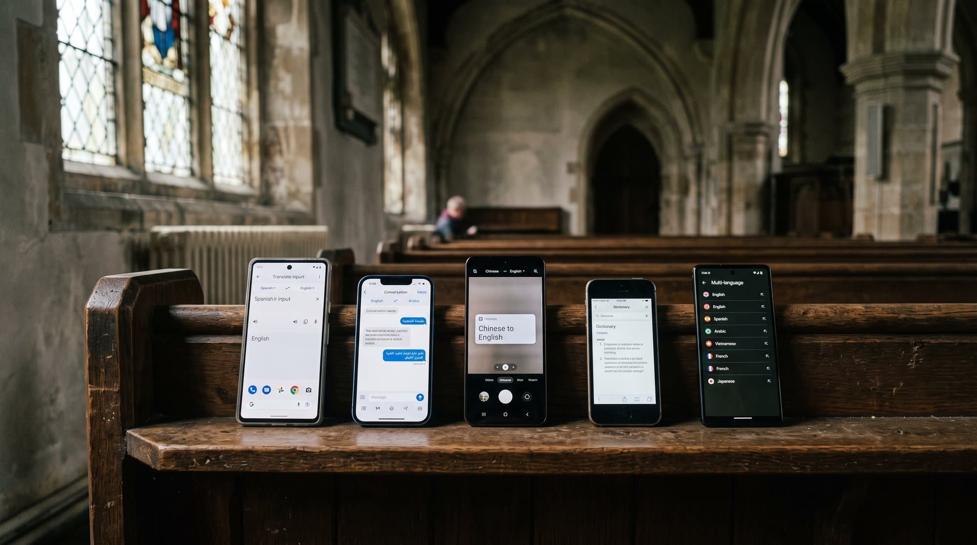 Five smartphones on a church pew showing different sermon translation apps
