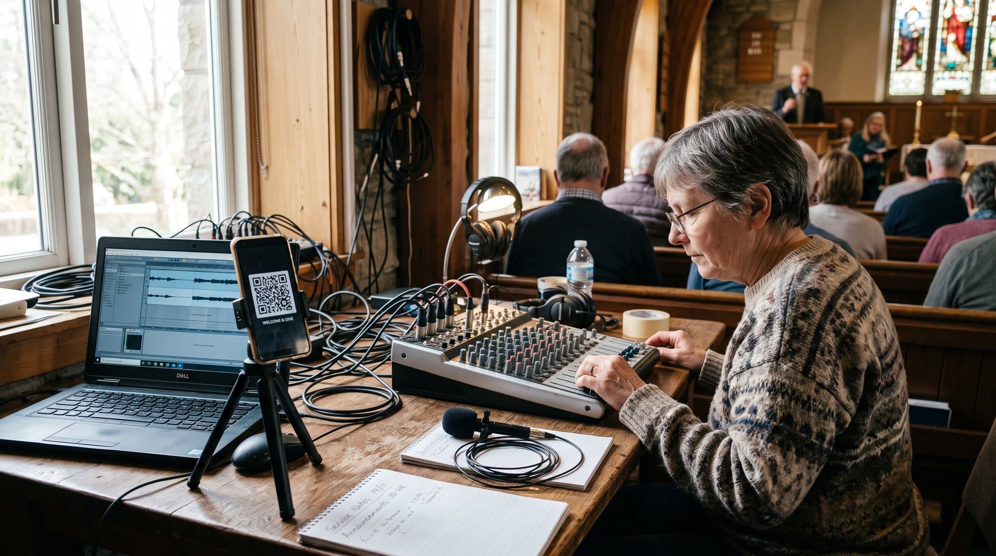 A volunteer sound desk at a small multilingual church service with a laptop and a QR code sign for live translation