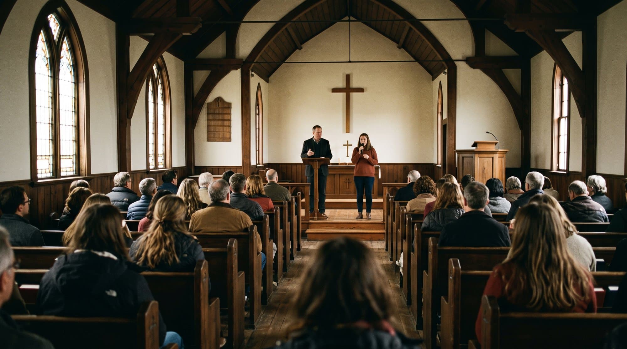 A volunteer interpreter translating live beside the preacher during a church service