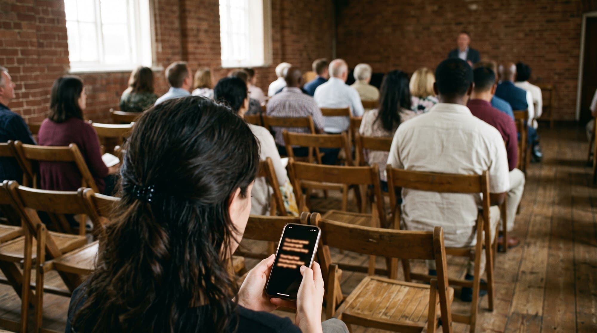 A small congregation gathered in a modest church hall, one visitor following along on a phone