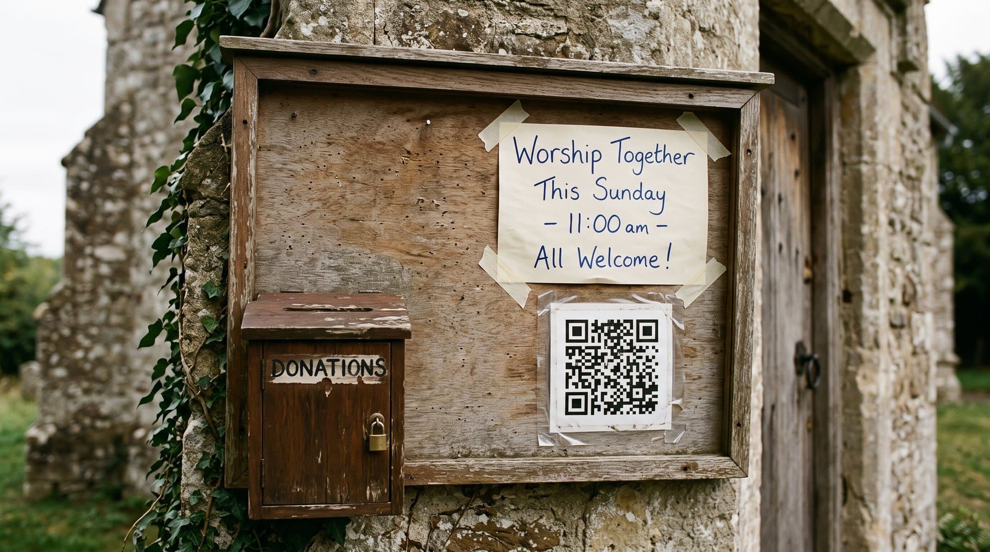 A handwritten church noticeboard with a printed QR code for translation taped up beside it