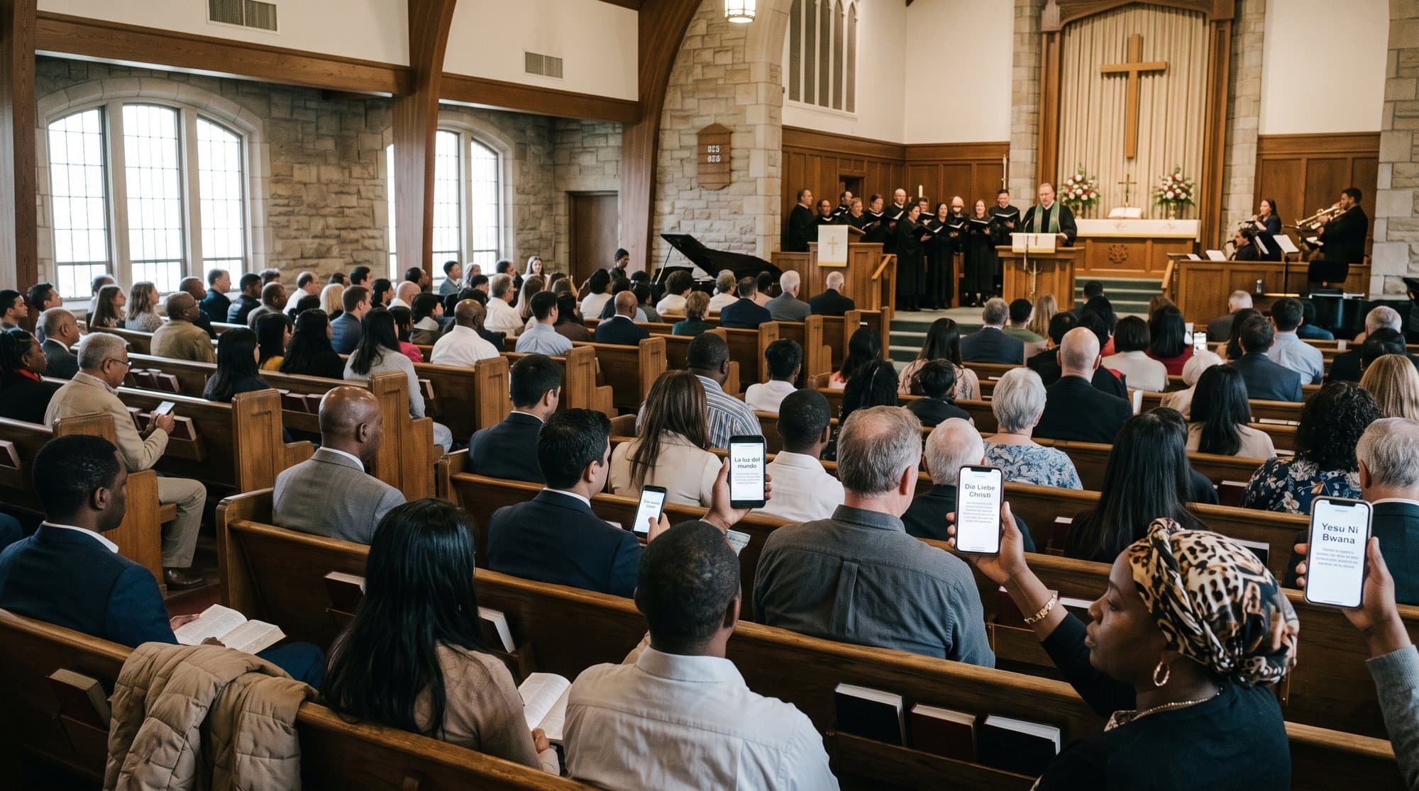 A mixed-language congregation follows a Sunday service, some holding phones showing live translated captions