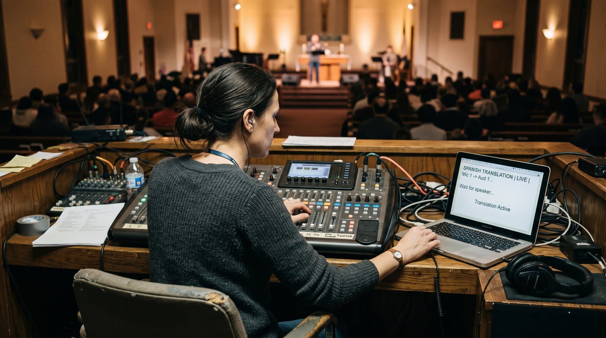 A church volunteer sets up live translation software at the sound desk ahead of Sunday