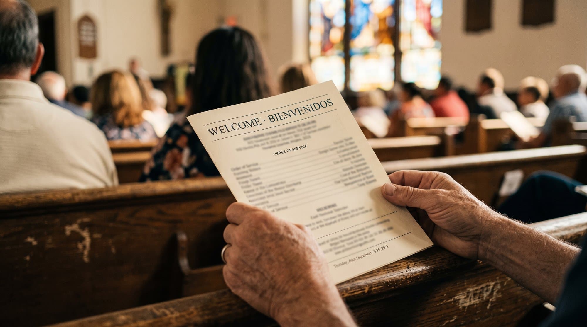 A bilingual English-Spanish church bulletin held during a Sunday service