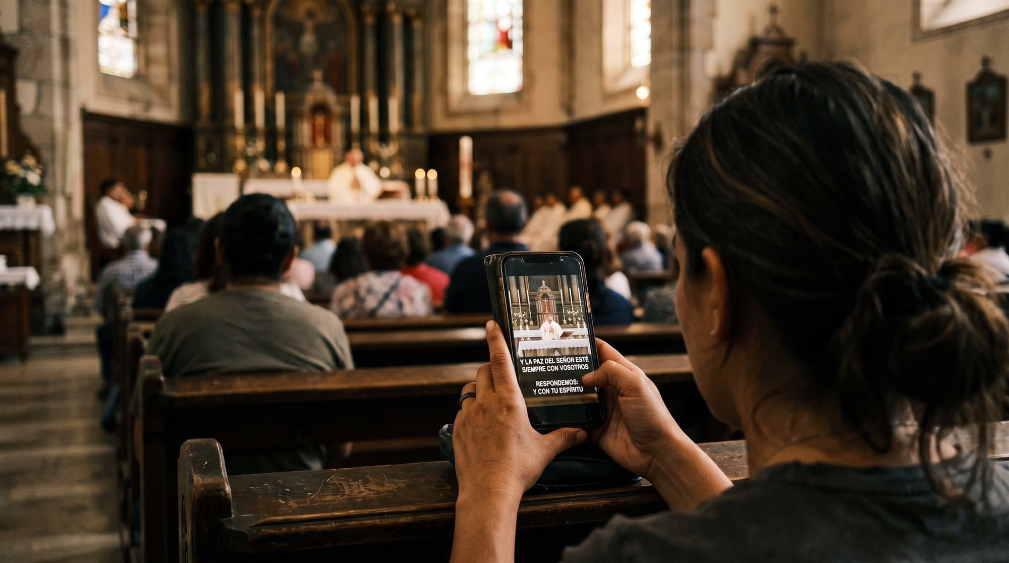 A church attendee reads live Spanish captions on a phone during a Sunday service