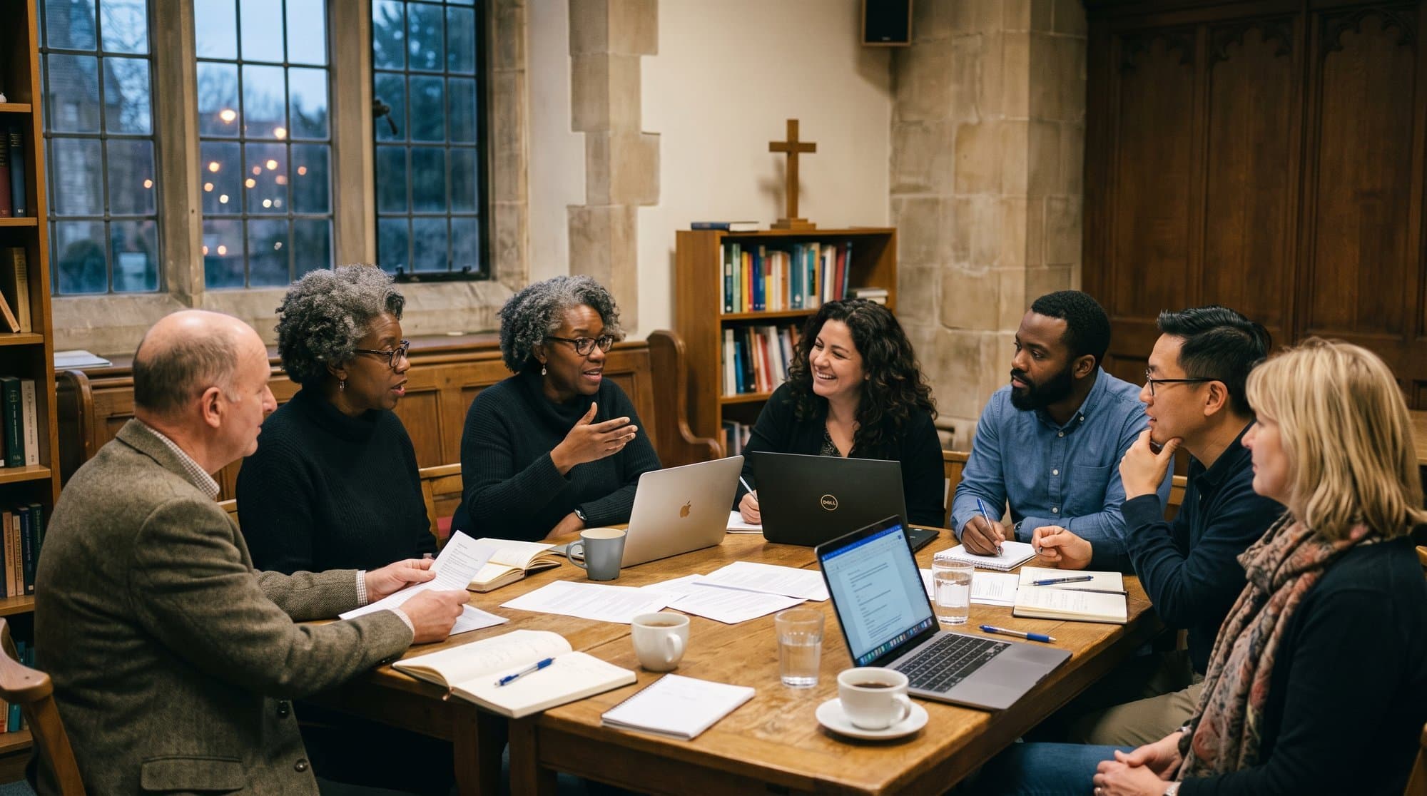 A diverse church leadership team meets to plan integration of a growing international congregation