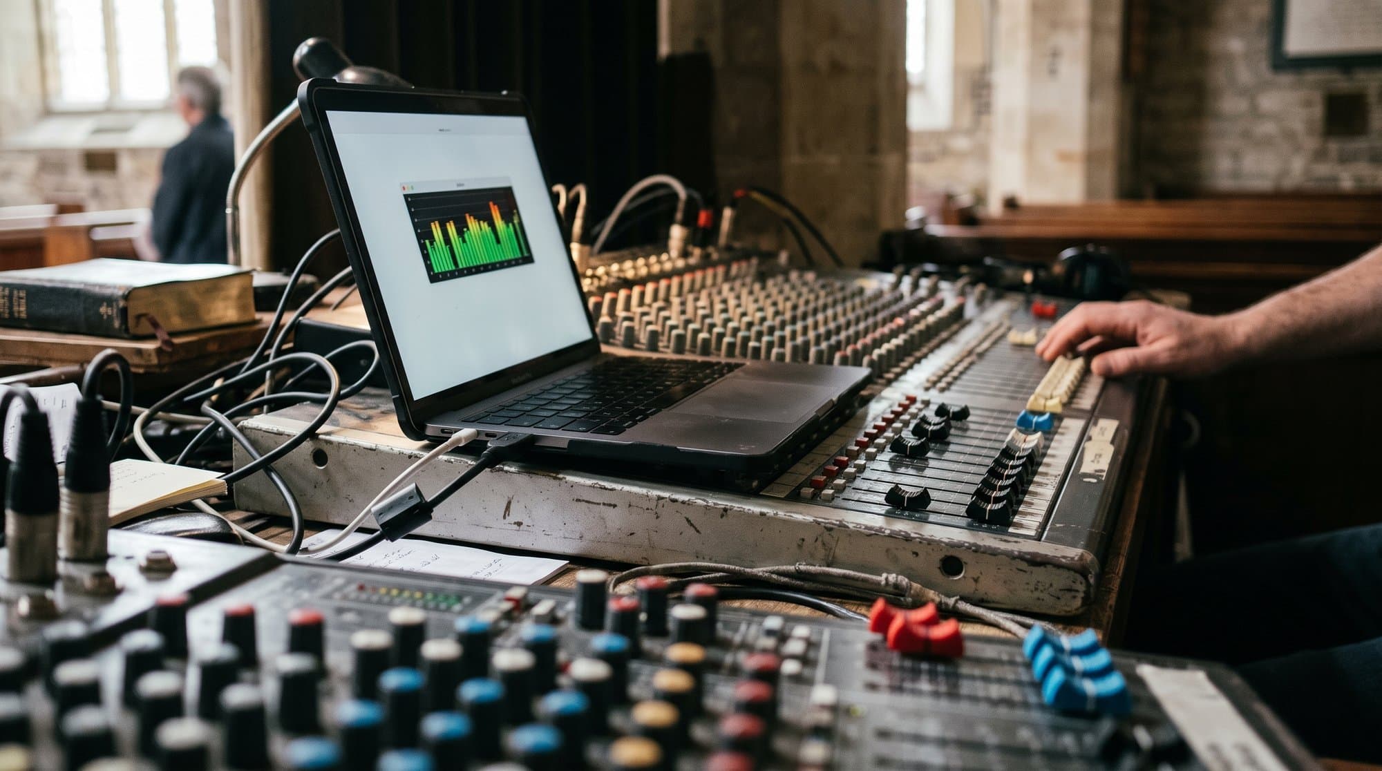 A USB cable runs from a church sound desk to a laptop running live translation software