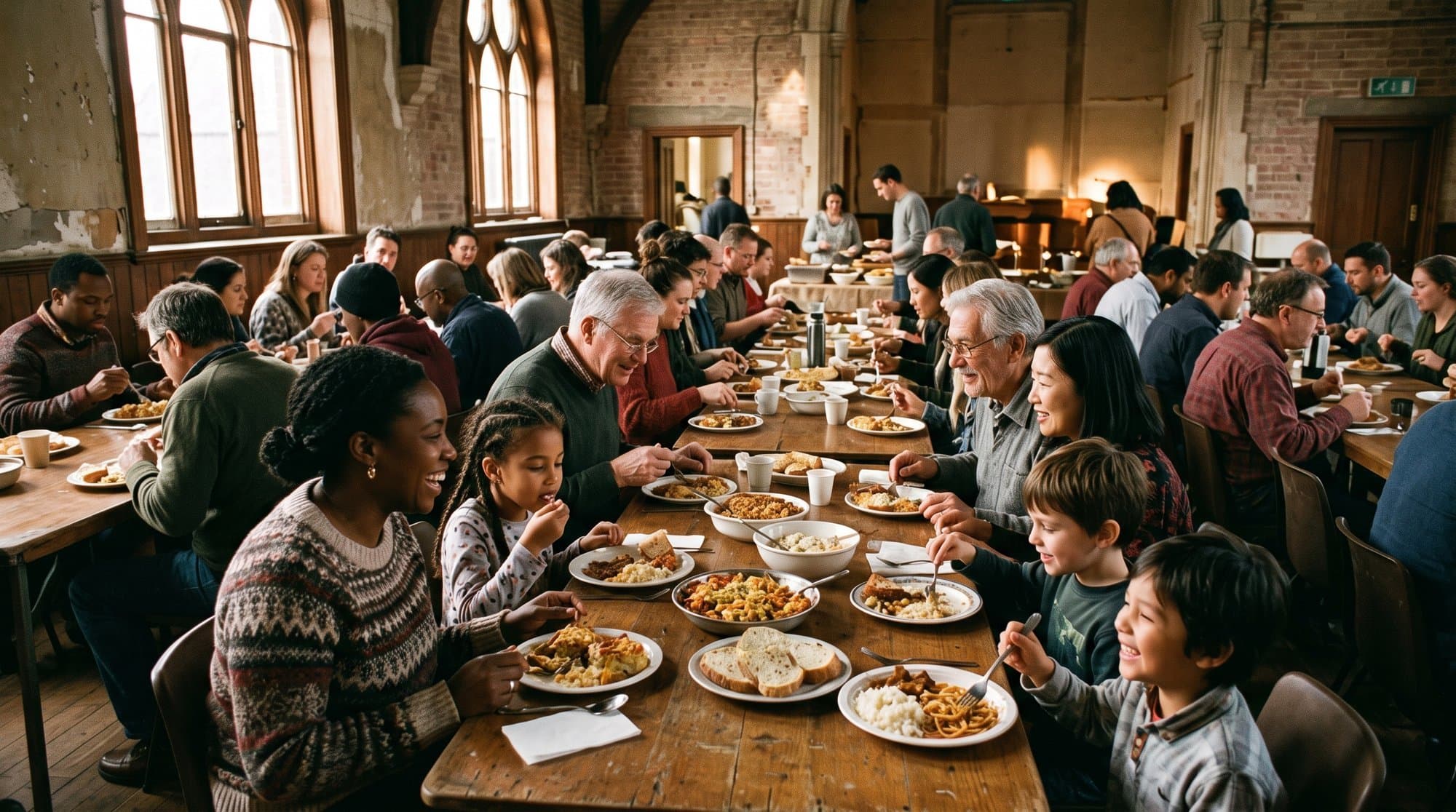 A mixed-ethnicity group shares a meal at long tables in a church hall, part of a church's welcome for immigrant families