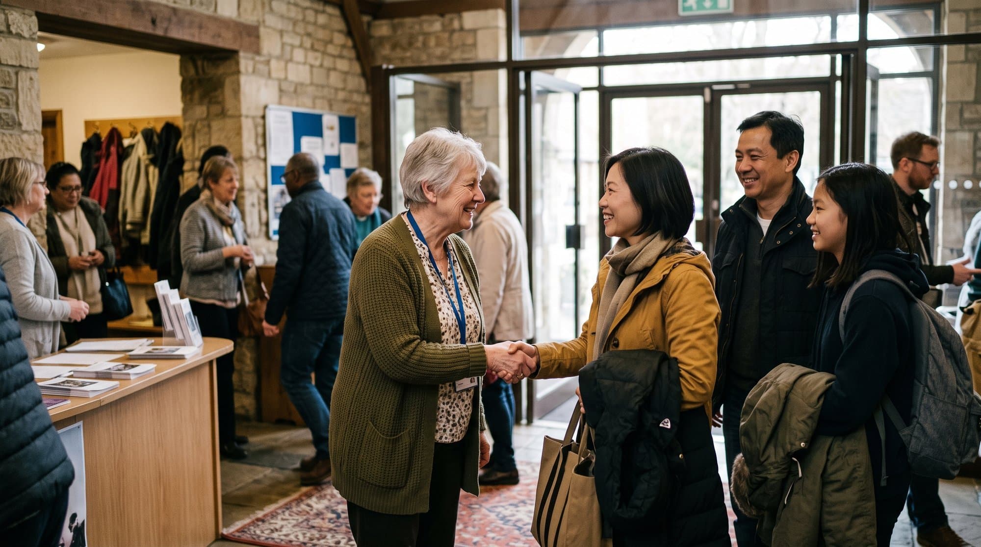 A Hong Kong family is welcomed at the door of a UK church on a Sunday morning
