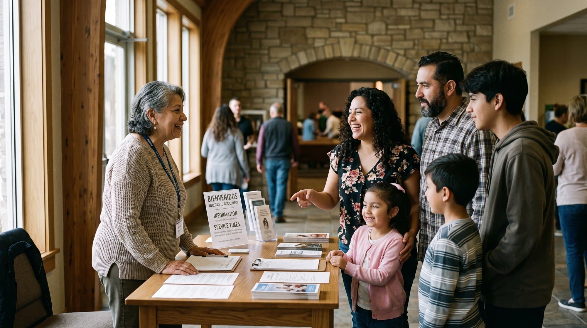 A Latino family talks with a greeter at a bilingual church welcome table