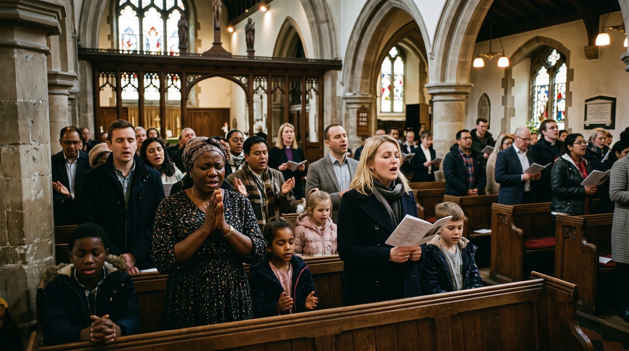 A multi-ethnic UK congregation, including African and Eastern European worshippers, during a Sunday service