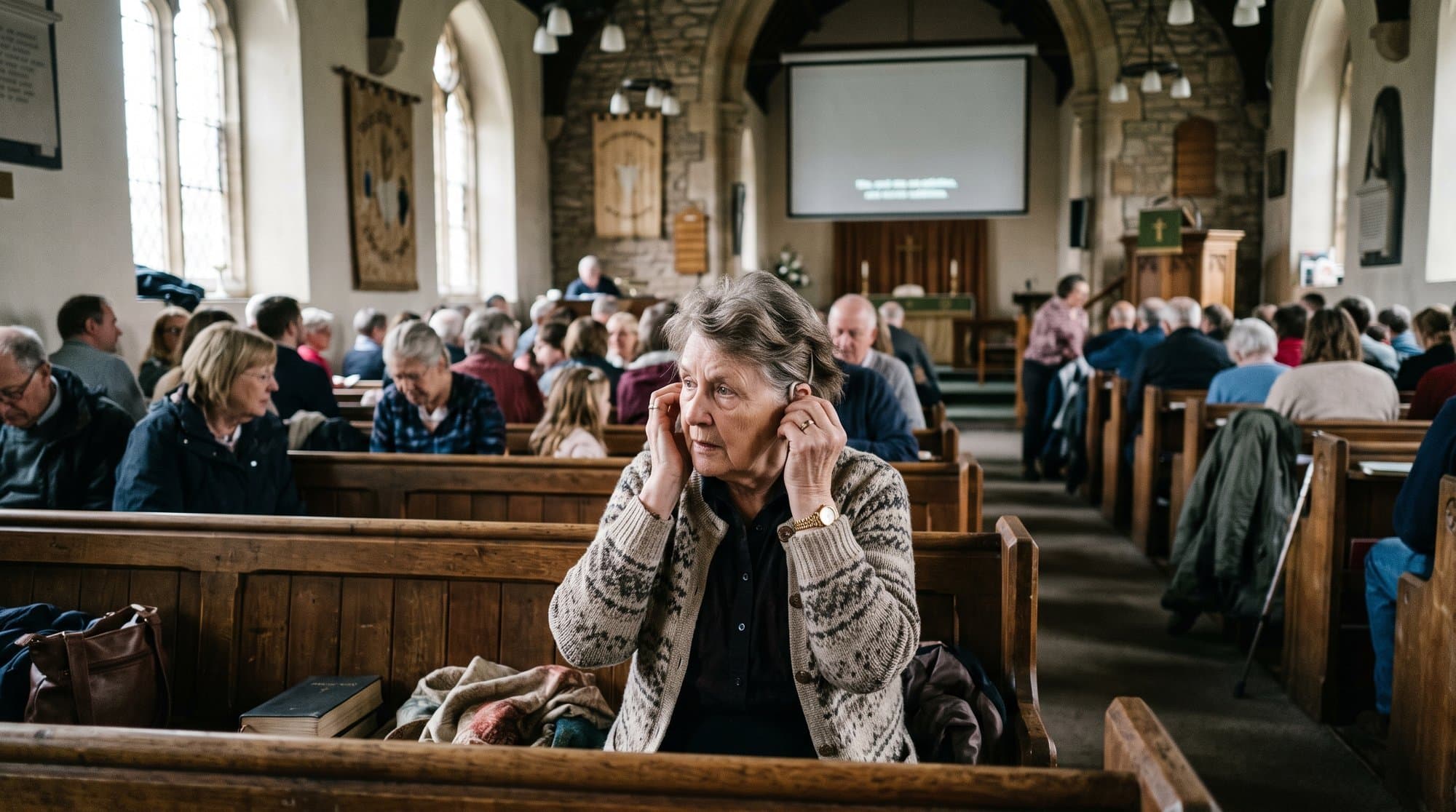 A woman in a church pew adjusts her hearing aid while looking toward a caption screen during a service