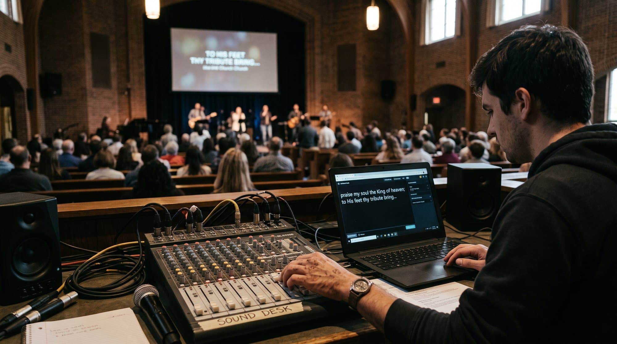 A church tech volunteer runs live captioning software from the sound desk during a service, with captions visible on the screen ahead