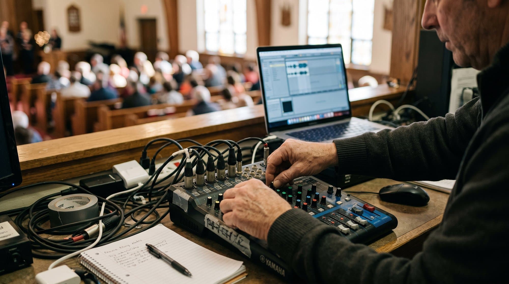 A laptop running OBS Studio with a sources panel open, set up to add live captions to a church livestream