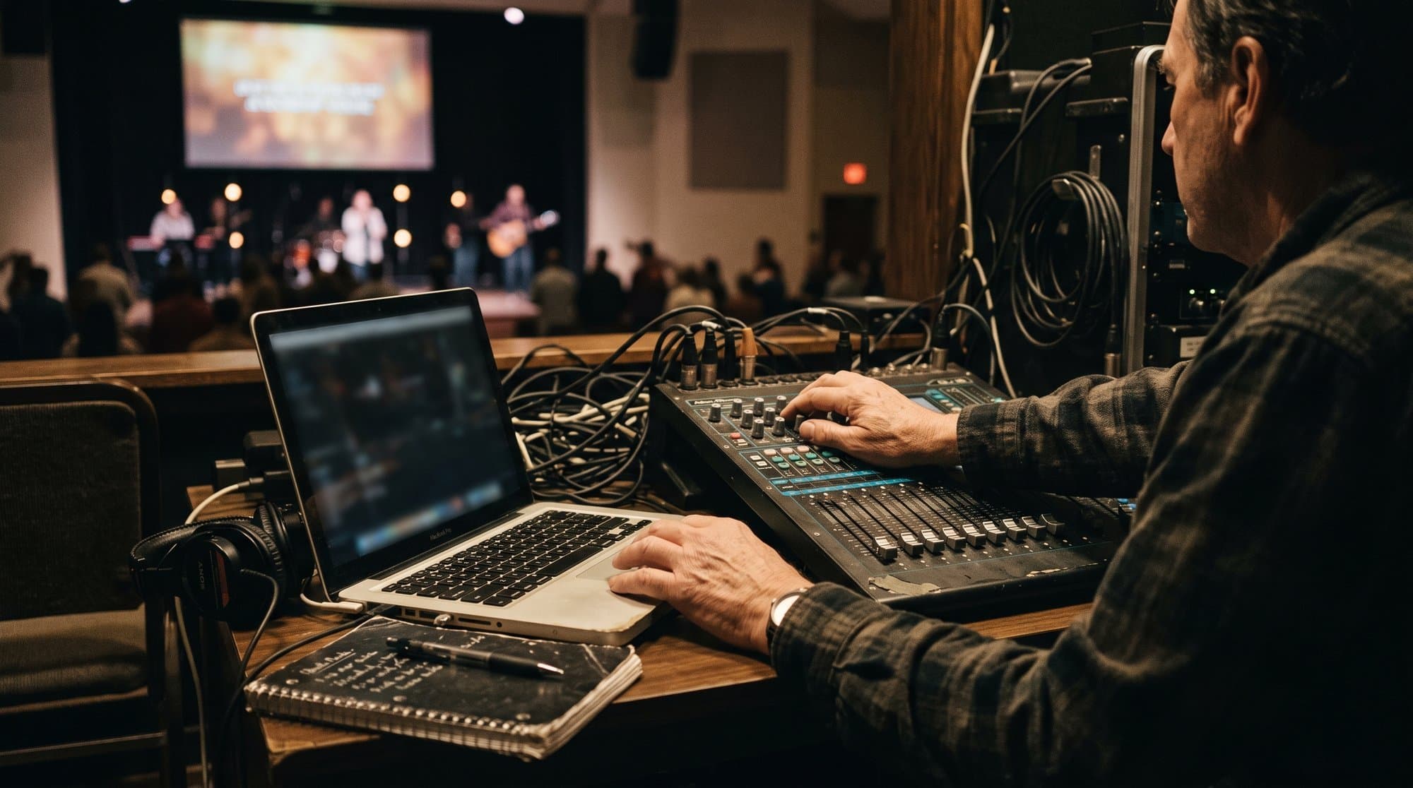 A church media operator sets up a live translated caption feed inside ProPresenter during a Sunday service