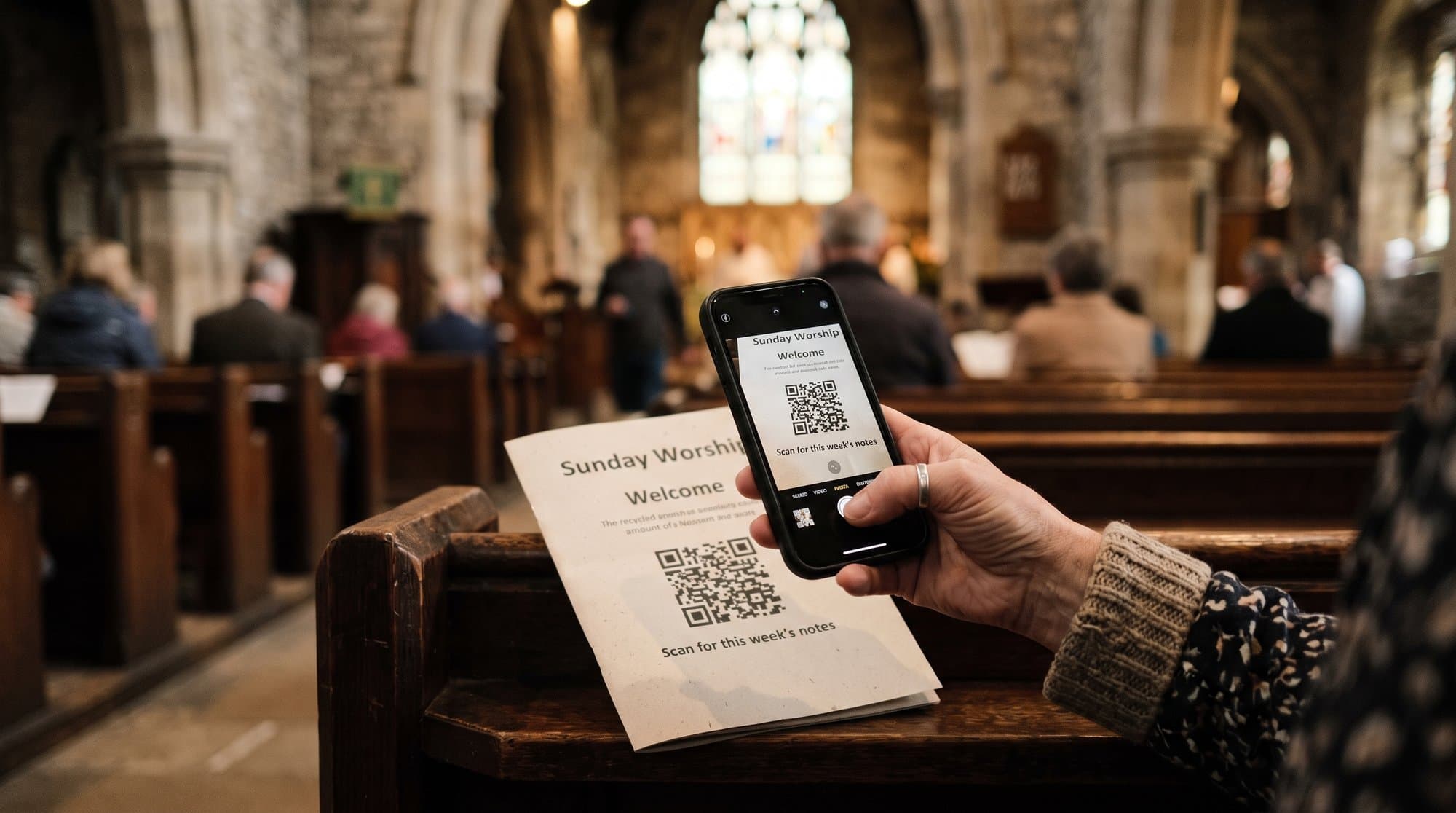 A congregant scans a QR code on a church bulletin with their phone during a Sunday service