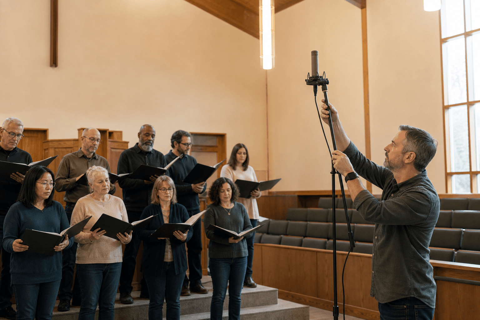 A church audio volunteer evaluates microphone coverage for a choir in a warm sanctuary.