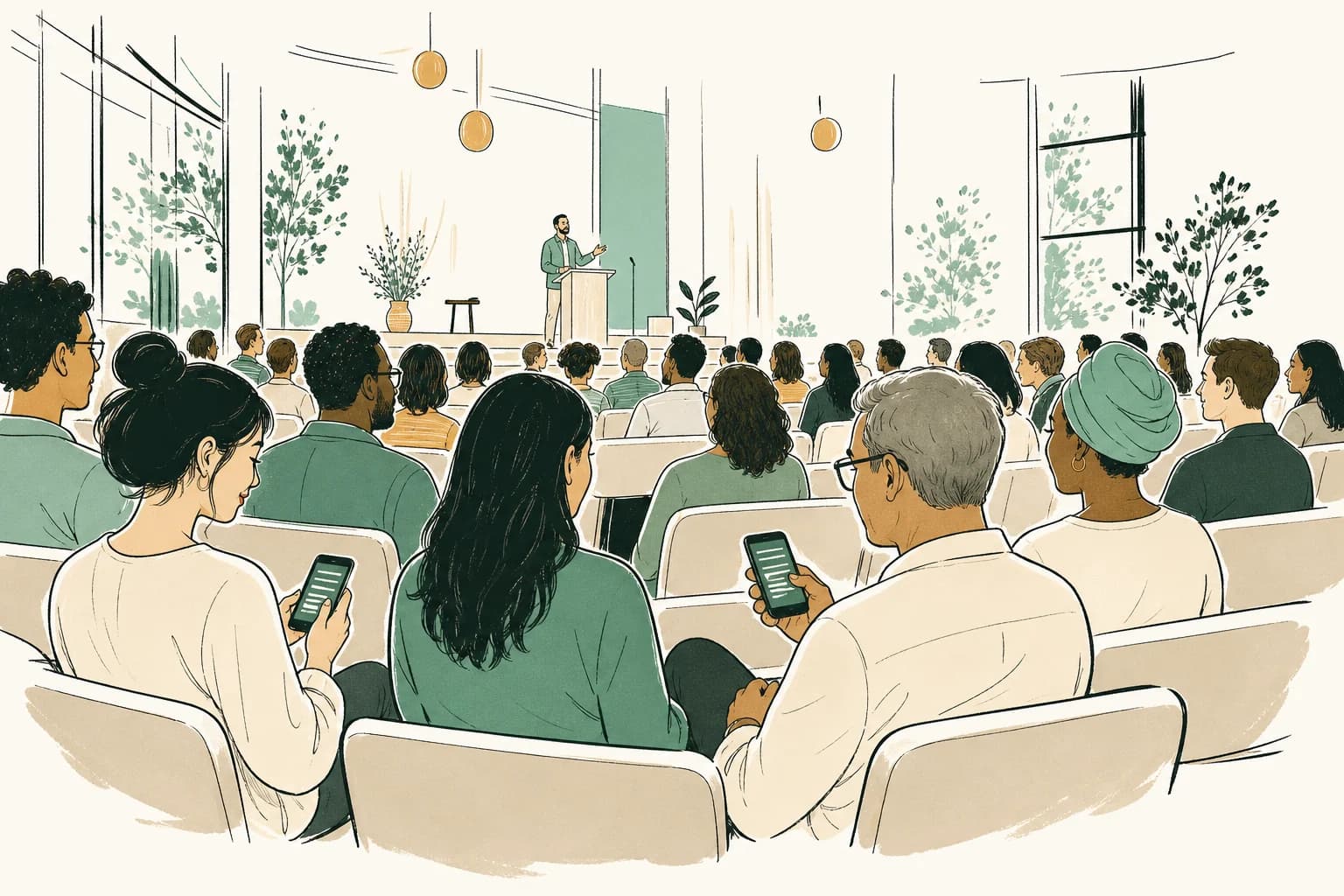 A multilingual church congregation following a service together