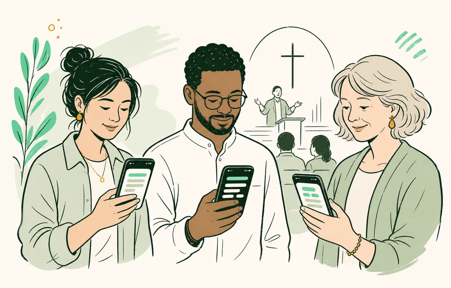 Three church attendees reading live captions in their chosen languages