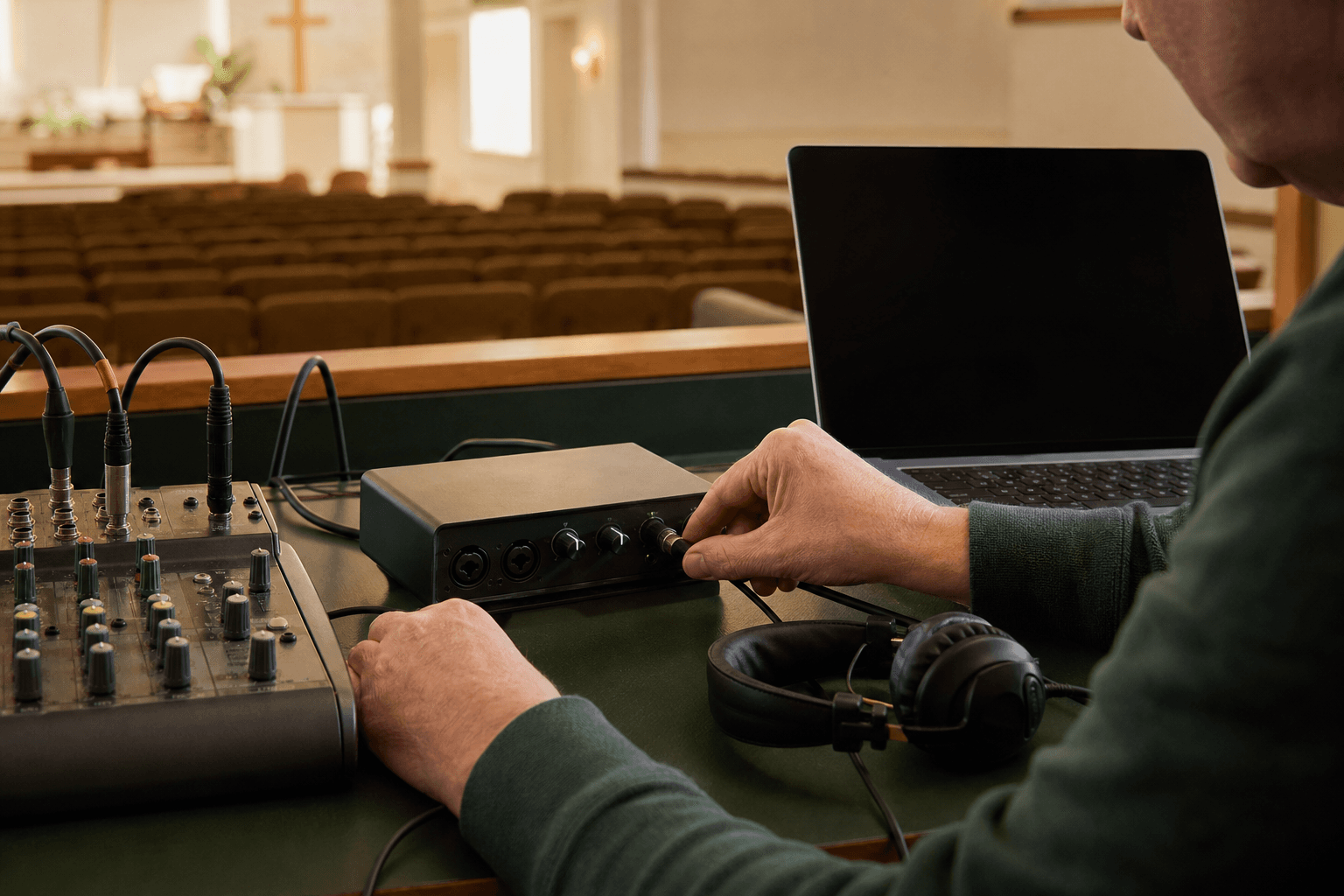 A small church volunteer team checks a simple generic mixer and microphone setup before a service.