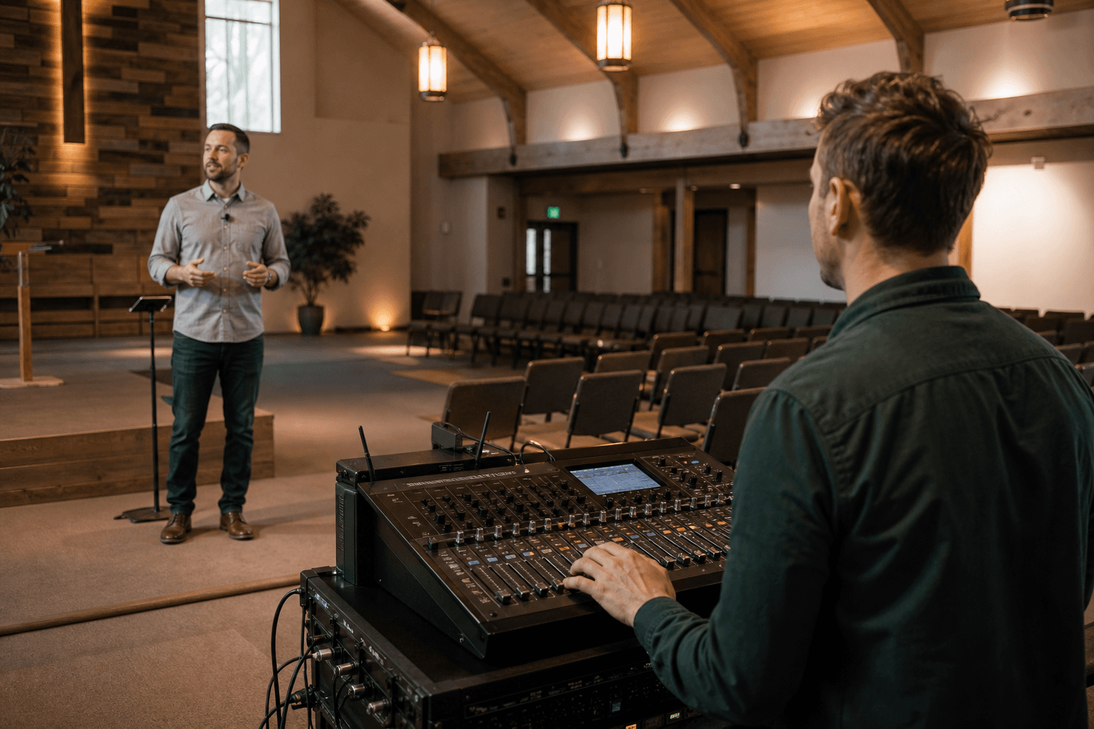 A church volunteer monitors a livestream audio feed from a mixer while a pastor rehearses with a generic wireless lapel microphone.