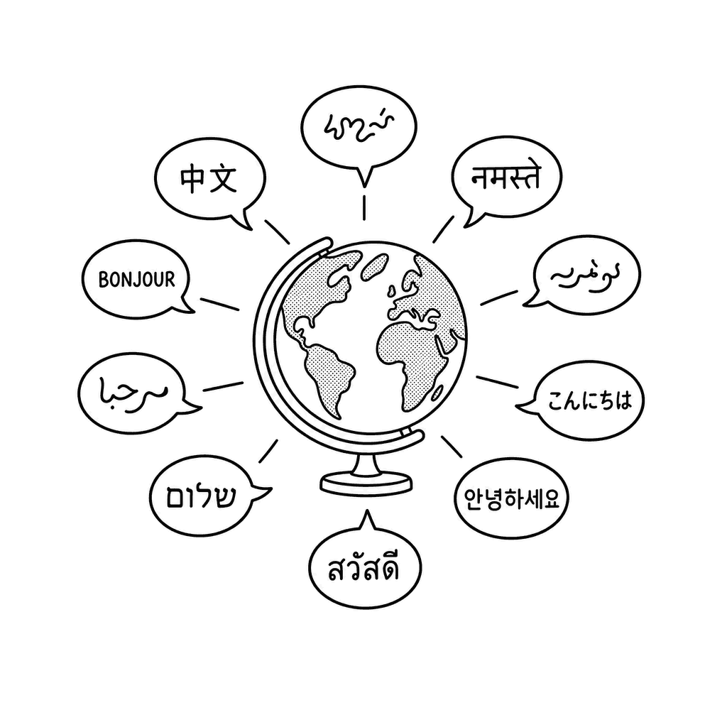 Speech bubbles and a globe showing many languages