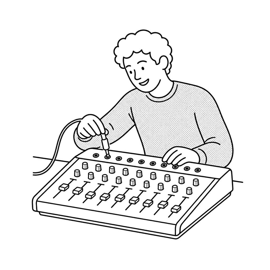 A person plugging audio equipment into a sound desk