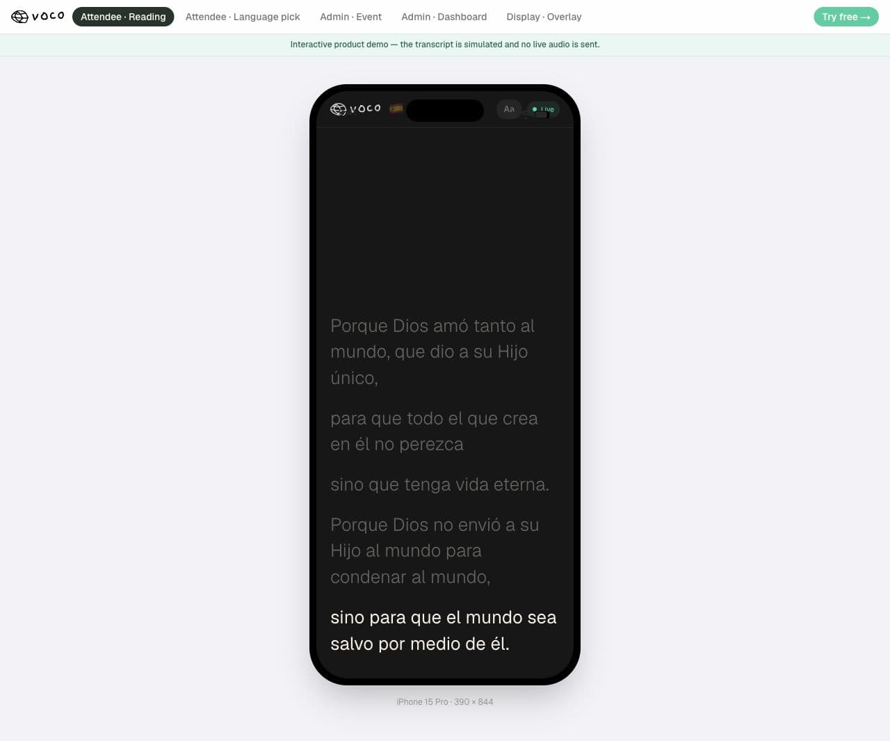 Voco — Participante. Cada pessoa escolhe o idioma em privado e acompanha texto legível em direto no próprio telemóvel. Demonstração em espanhol.